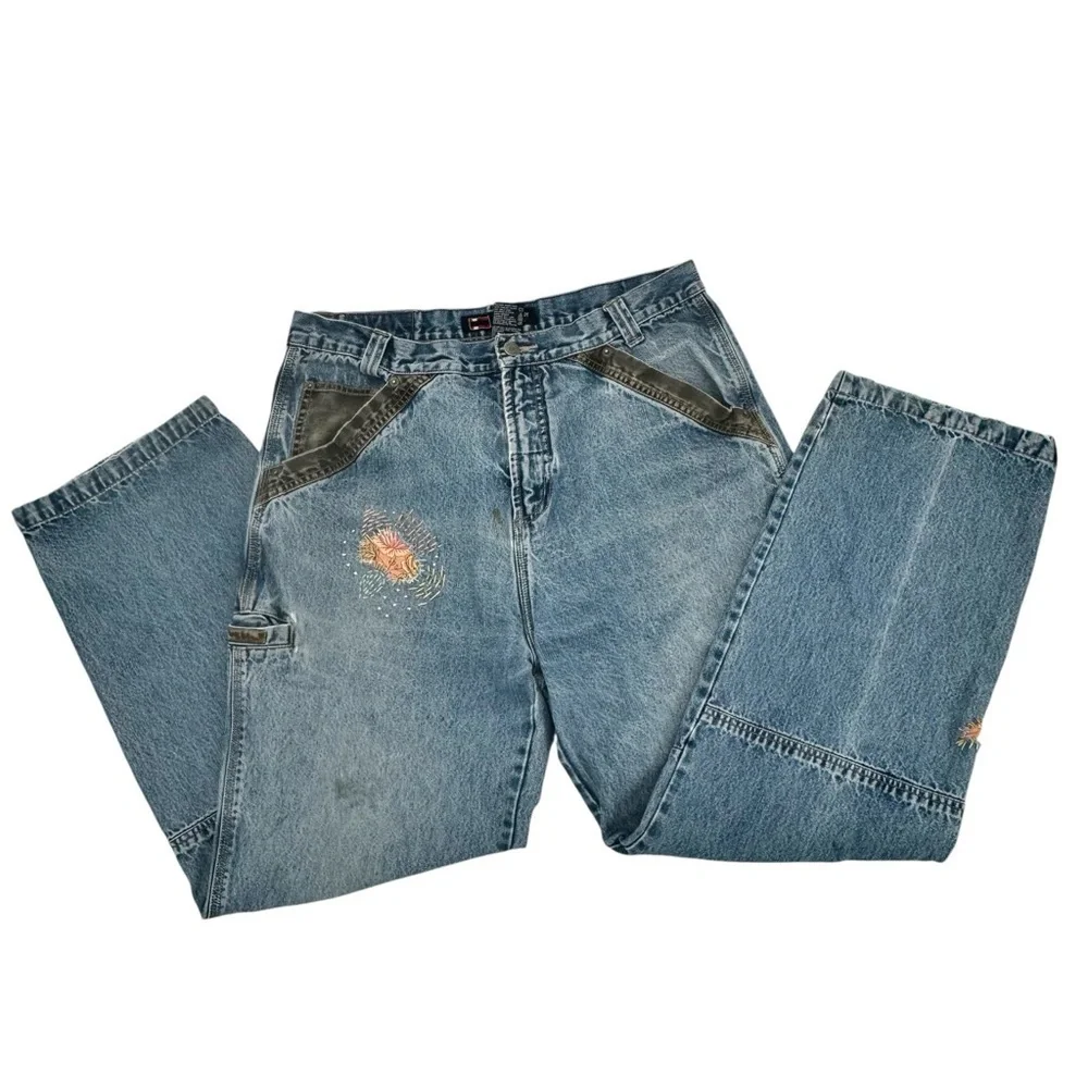 Vintage Bugle Boy Jeans Baggy Loose Fit Distressed Patched Blue Black Denim | 34